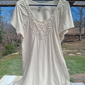 Women’s Cream Crochet-Trim Scoop Neck Top Cotton Blend